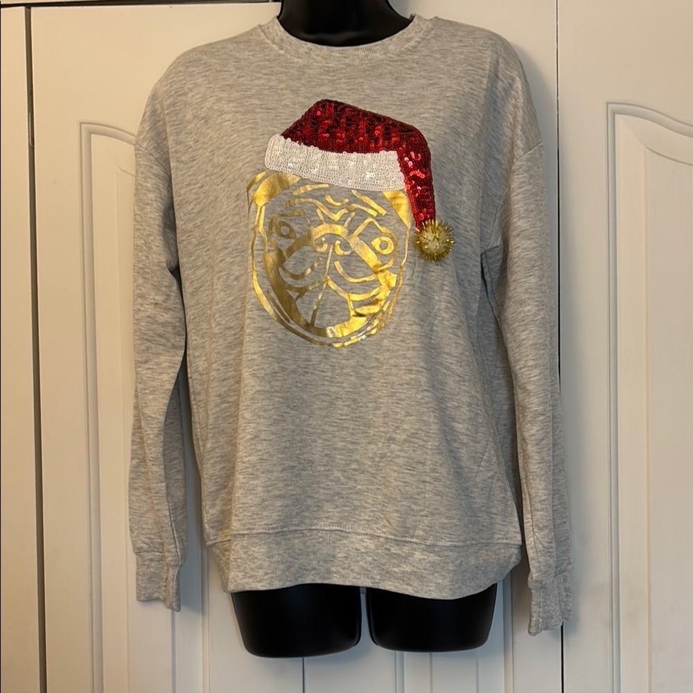 Workshop Republic Clothing Gray Sweatshirt Gold Pug w/ Santa Hat Size Small